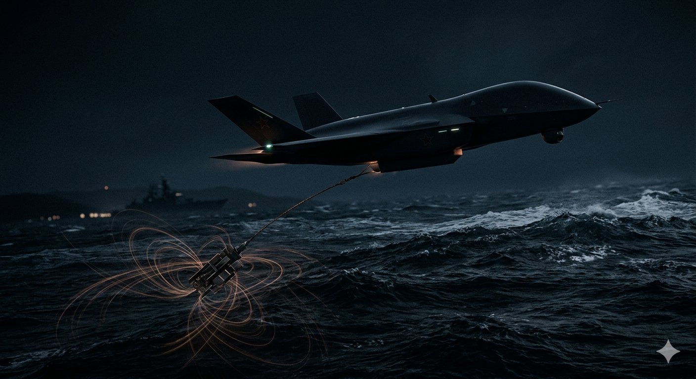 Military drone over ocean trailing quantum sensor array — China quantum sensing program