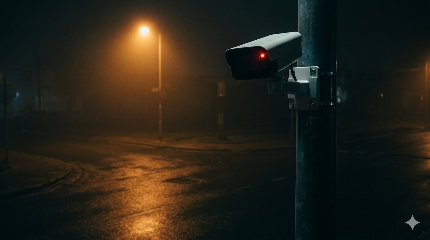 Anonymous American neighborhood at night, a Flock camera visible on a streetlight pole, red light recording