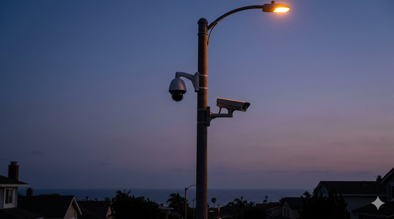 Open laptop showing unauthenticated Flock camera feed, red indicator light visible on screen