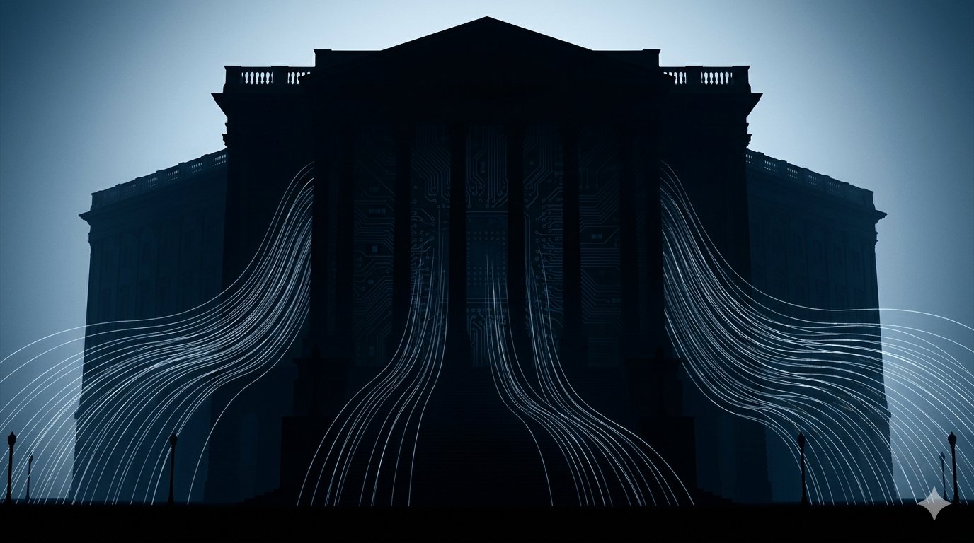 Federal government building with data streams connecting to local surveillance camera nodes