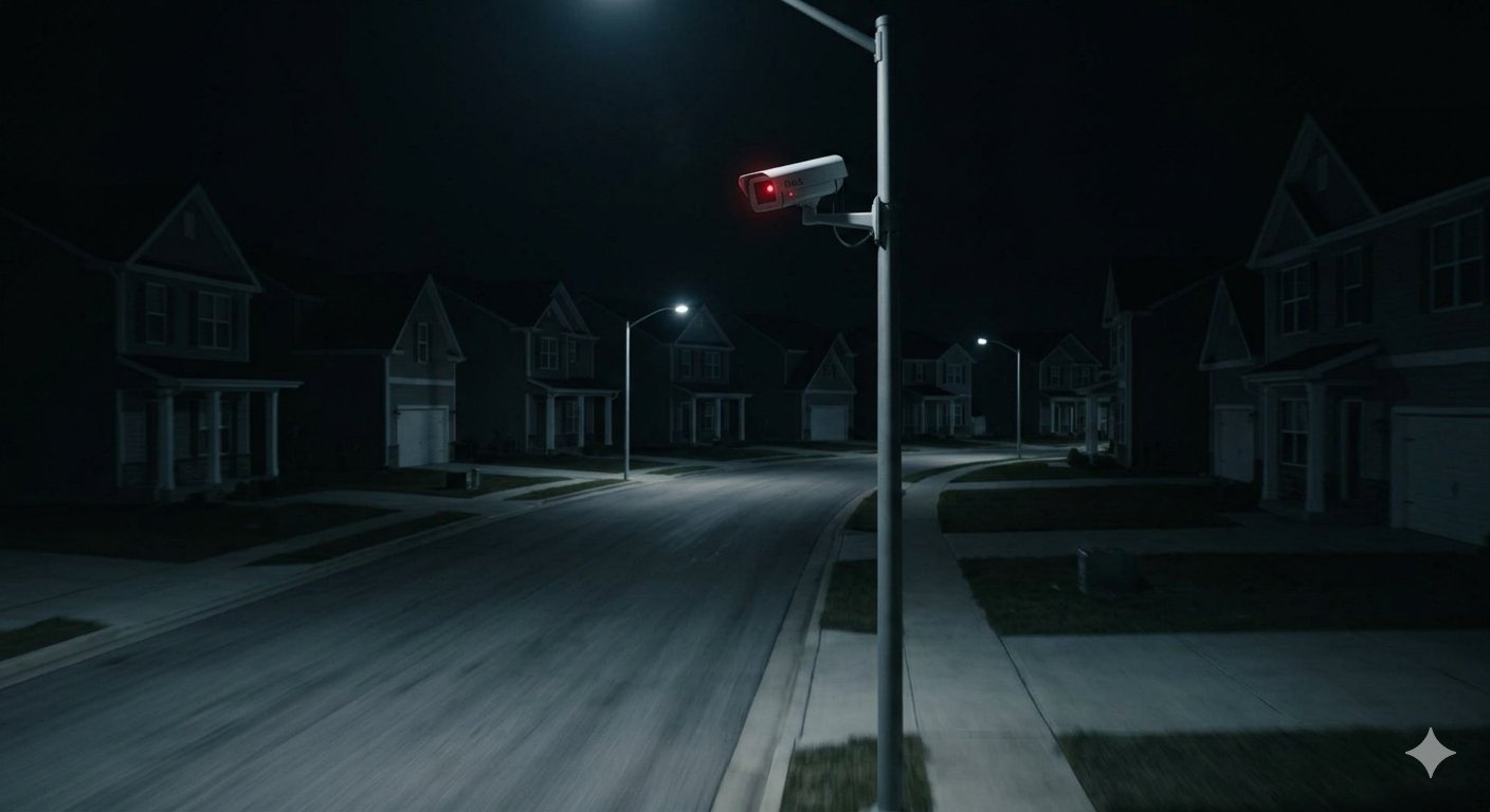 Flock Safety camera mounted on a streetlight pole at night, red recording light visible