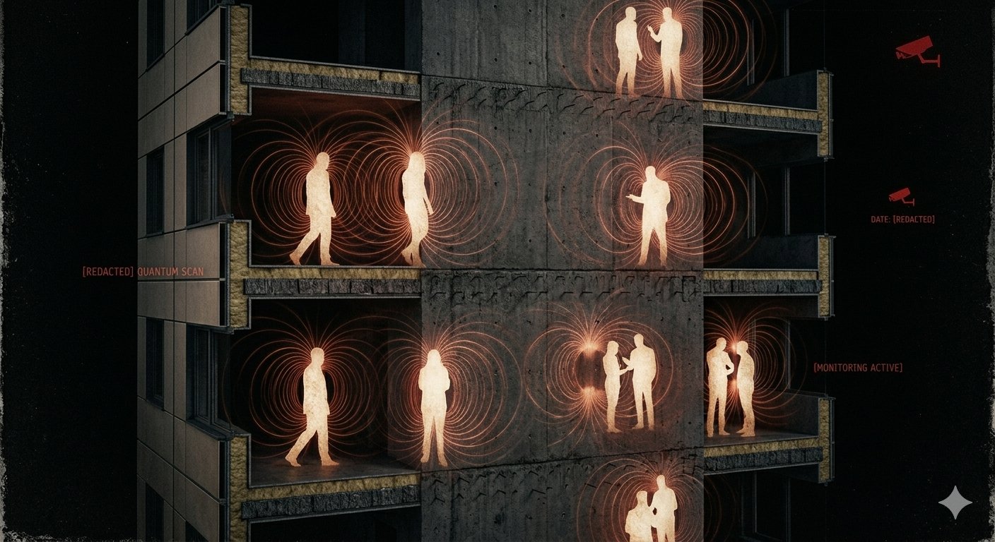 Building cross-section with ghostly silhouettes visible through walls — quantum surveillance
