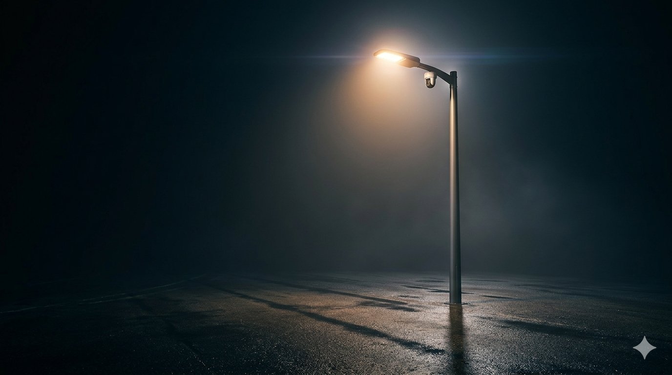 A generic American streetlight at night on an anonymous city street
