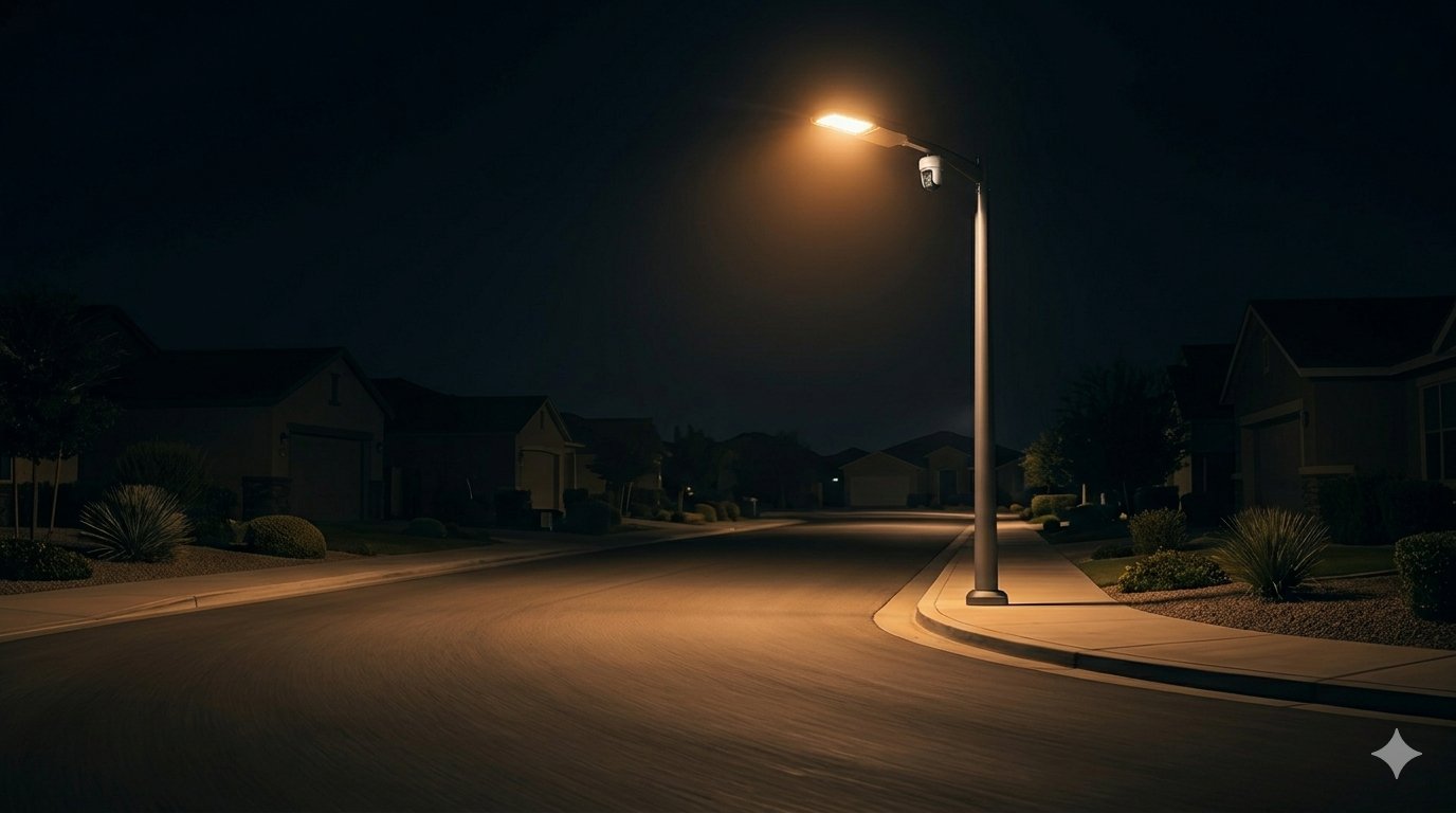 San Diego smart streetlight with visible camera module at night