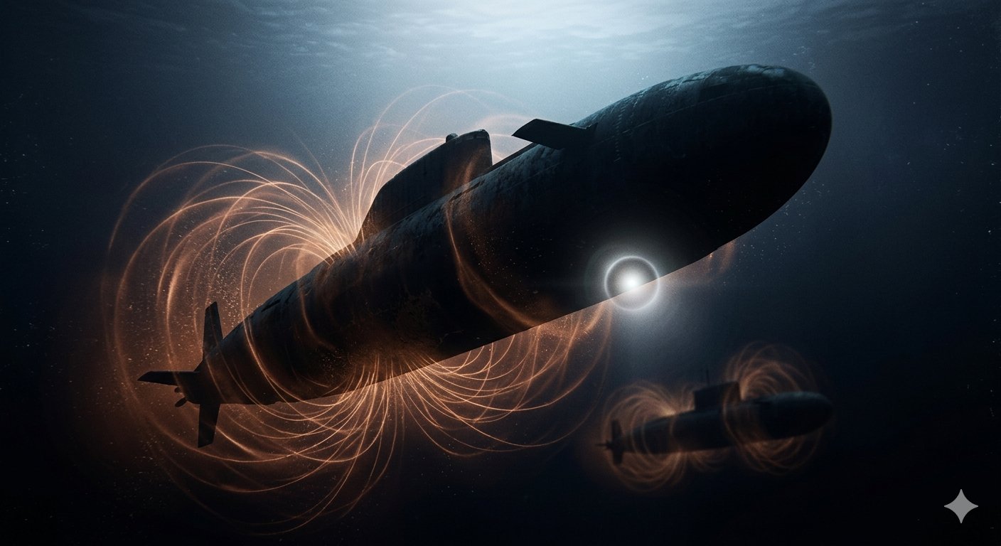 Nuclear submarine silhouette with copper magnetic anomaly field lines